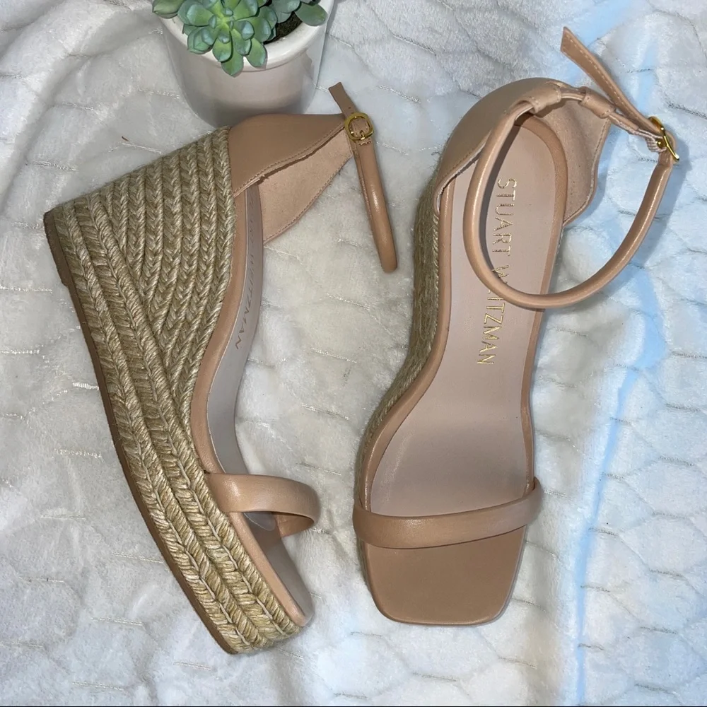 Stuart Weitzman Nude Tan Espadrille Wedge Sandals